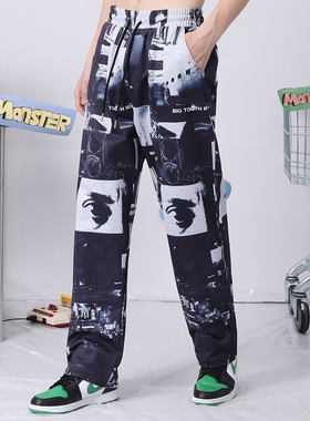 bt春秋季炫彩满印字母涂鸦宽松直筒宽松休闲裤男女同款灰蓝色情侣