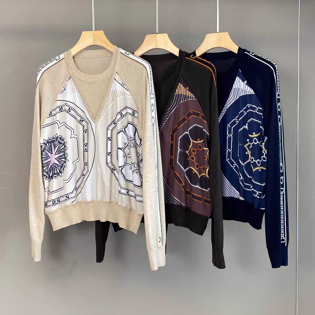 真丝印花拼接羊毛针织长袖T恤