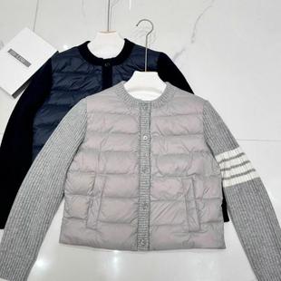 断码清仓四杠经典圆领羊绒针织拼接袖轻便保暖短款白鹅绒羽绒服