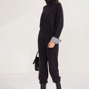 BC珠链纯山羊绒针织松紧腰萝卜裤束脚长裤女