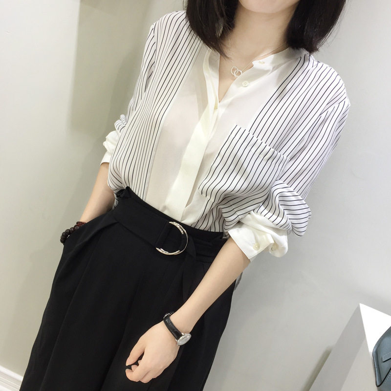 美衣计  真丝上衣2018新款通勤气质白色条纹夏薄长袖女衬衫桑蚕丝