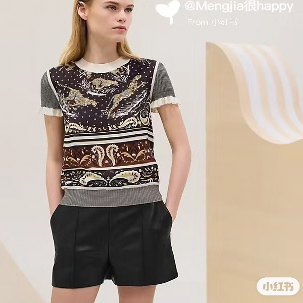 马车定位印花真丝拼接短袖T恤