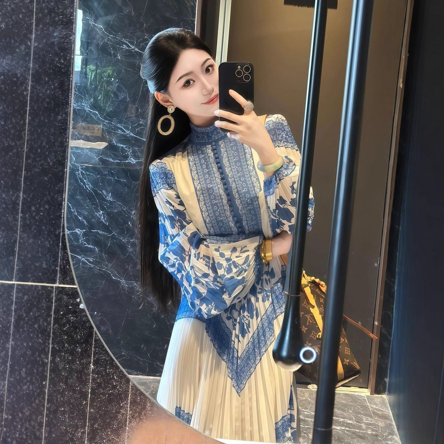 重要场合法式小资礼服漂亮冷淡系巨好看小众蓝色印花压褶连衣裙秋