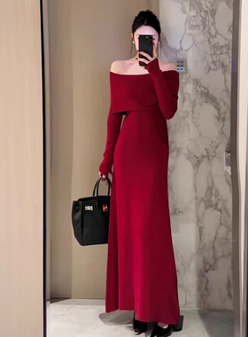 生日订婚晚礼服裙轻奢小众高端法式气质红色针织一字肩连衣裙秋冬