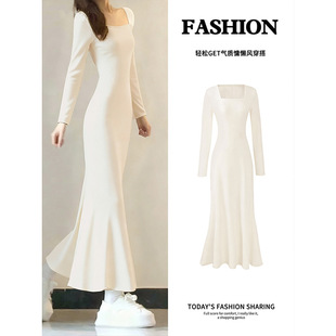 白色步步生莲鱼尾裙连衣裙女秋冬季内搭针织梨形伯克利包臀长