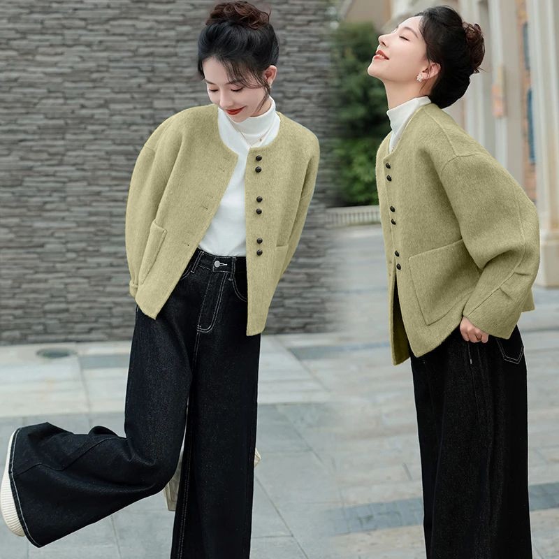 小香风双色双穿双面羊毛外套女秋冬短款呢大衣感韩系外套