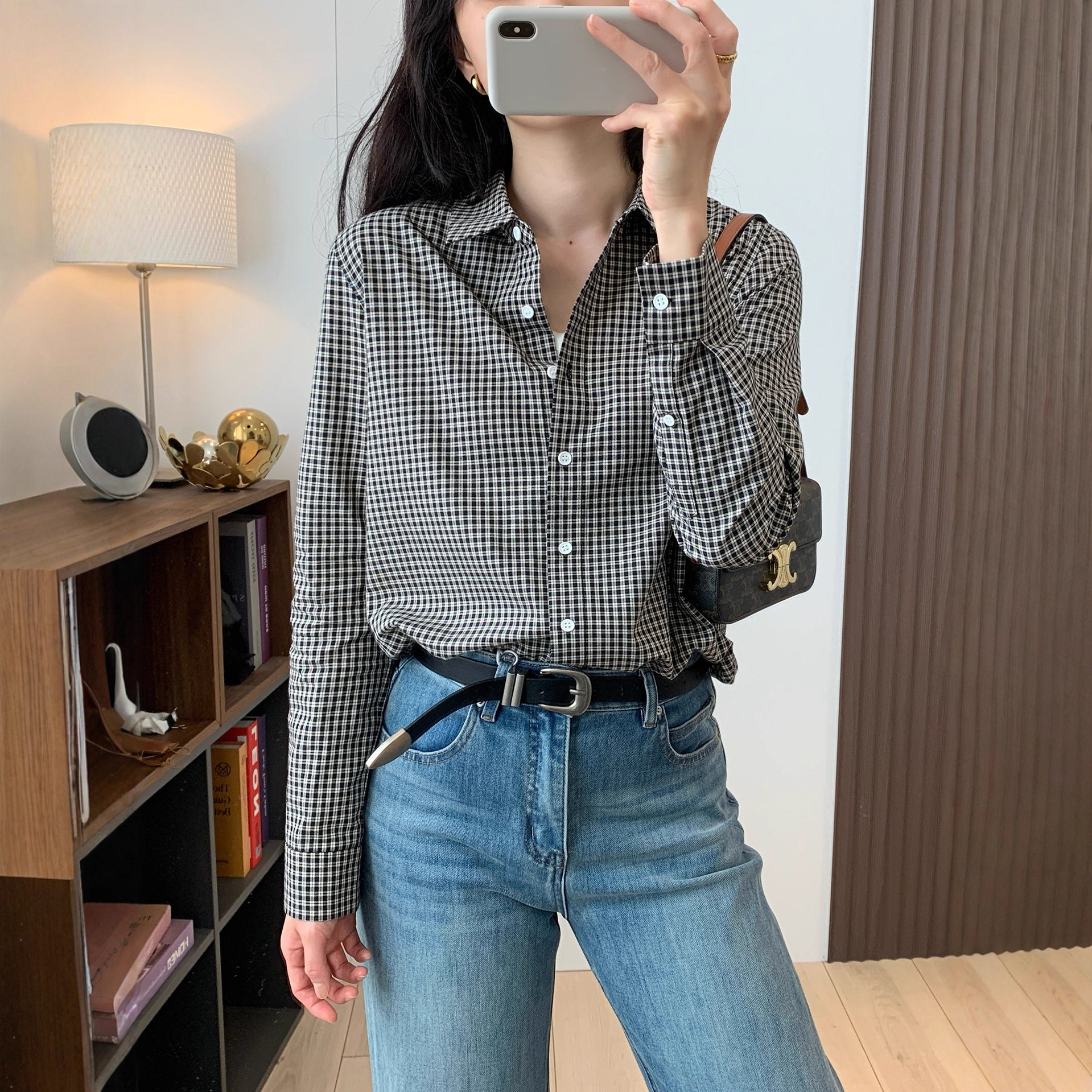 小禾早秋炸 2025秋季新款女装纯棉格纹上衣长袖格子衬衫衬衣女