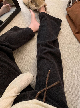 春不晚松紧腰糯米休闲裤女冬高腰阔腿裤子宽松加绒深灰色直筒