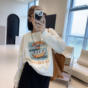 推荐质感自留 趣感印花圆领休宽松闲卫衣女早春新款长袖上衣