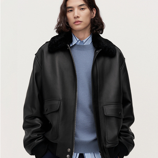 TRENDIANO2025新款真羊皮衣毛领翻领男款皮衣夹克外套 1SM1311360