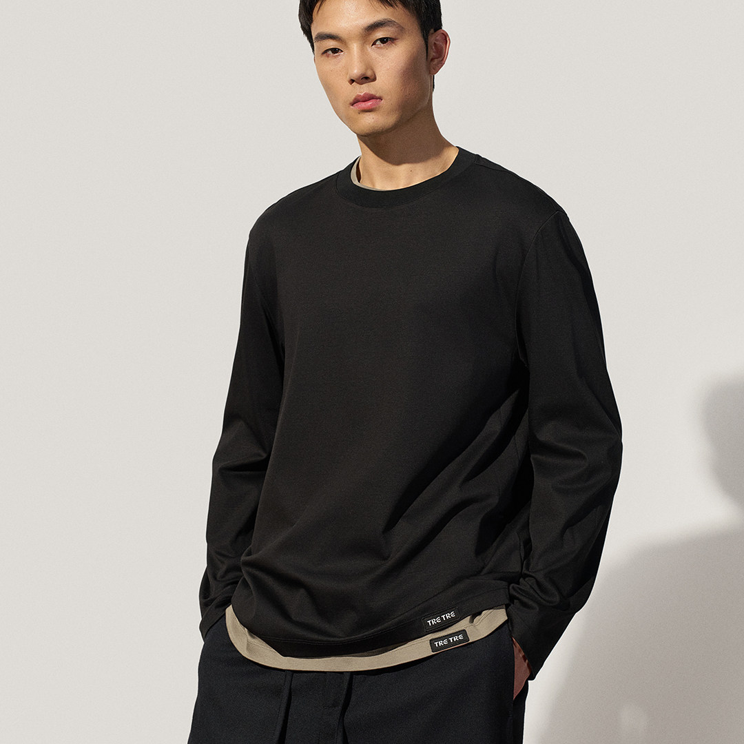 秋冬新款双面长绒棉长袖T恤