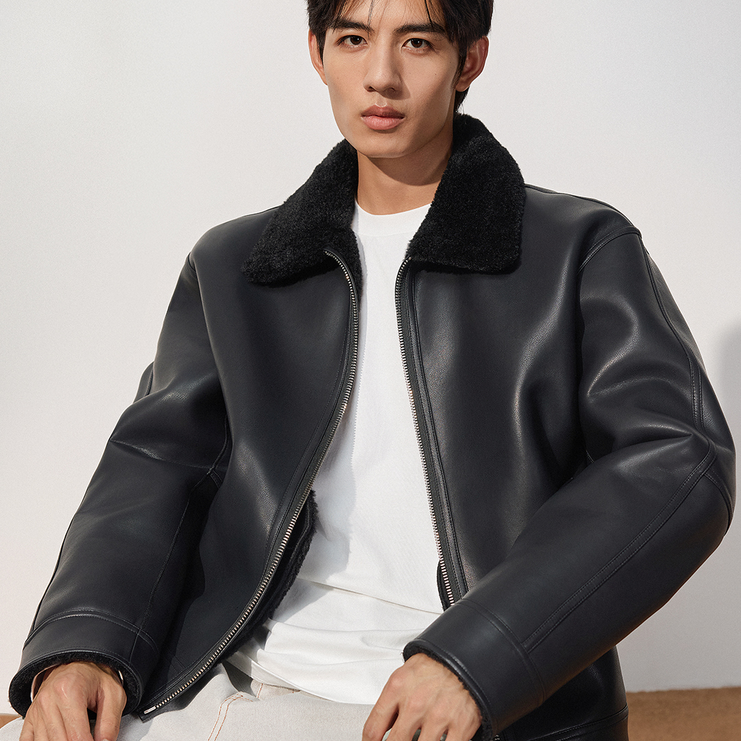 TRENDIANO2025冬季仿皮毛一体保暖毛领皮衣男款外套 1SE4310100