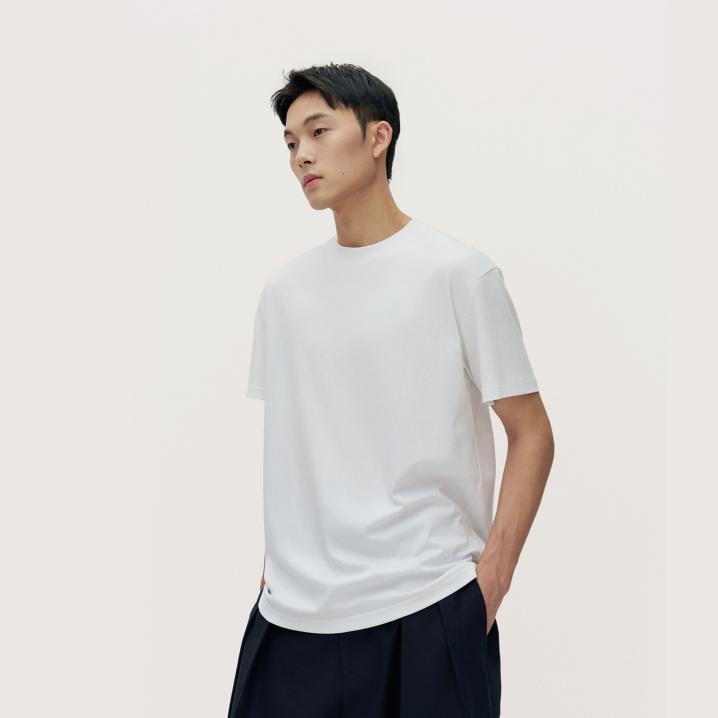 TRENDIANO重磅纯棉男士短袖圆领T恤夏季新款纯色宽松白色上衣