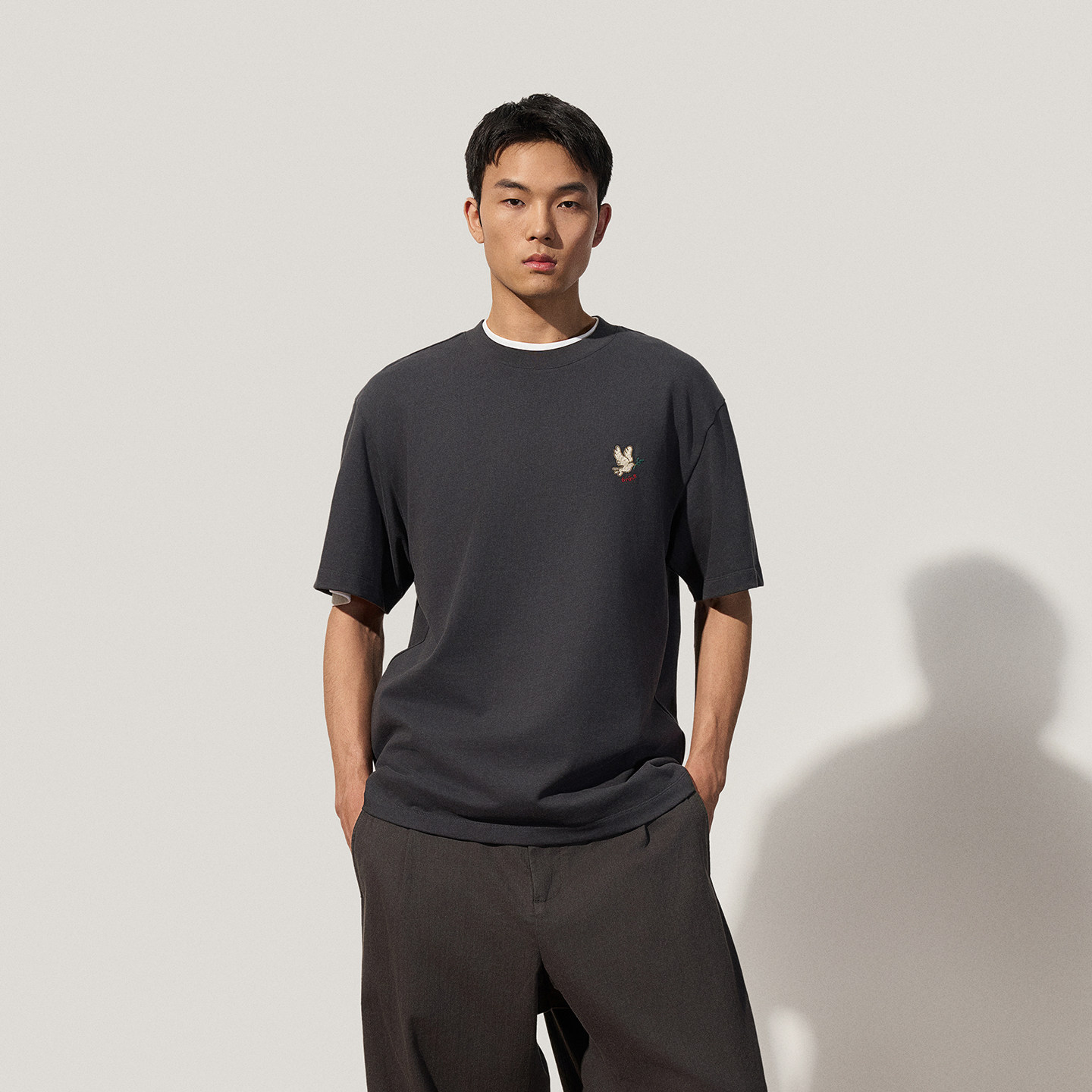 TRENDIANO男装纯棉绣花T恤夏季新款简约百搭宽松休闲短袖上衣