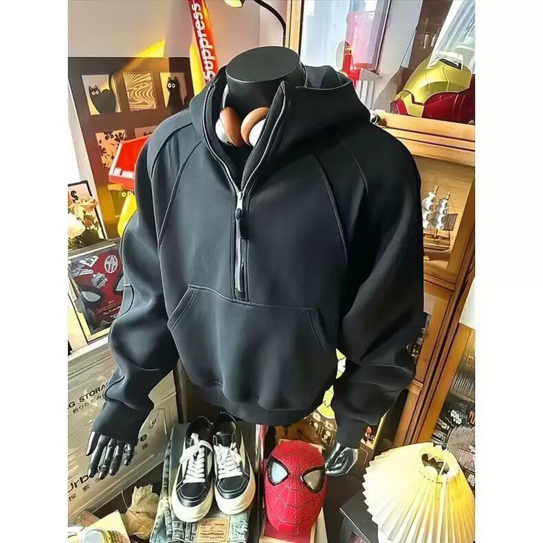 美式半拉链立领卫衣男款秋季小众解构外套cleanfit重磅硬挺连帽衫