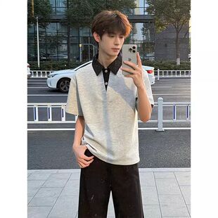 男款 短袖 夏季 拼接衬衫 美式 v领t恤重磅正肩五分袖 假两件拼接polo衫