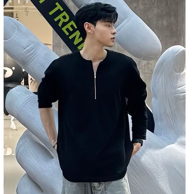 美式半拉链长袖t恤男款秋季华夫格无帽卫衣高级感内搭打底亨利衫