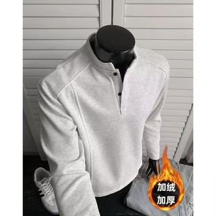 痞帅boxy长袖 美式 t恤解构拼接正肩上衣 亨利领套头卫衣男秋季 新款