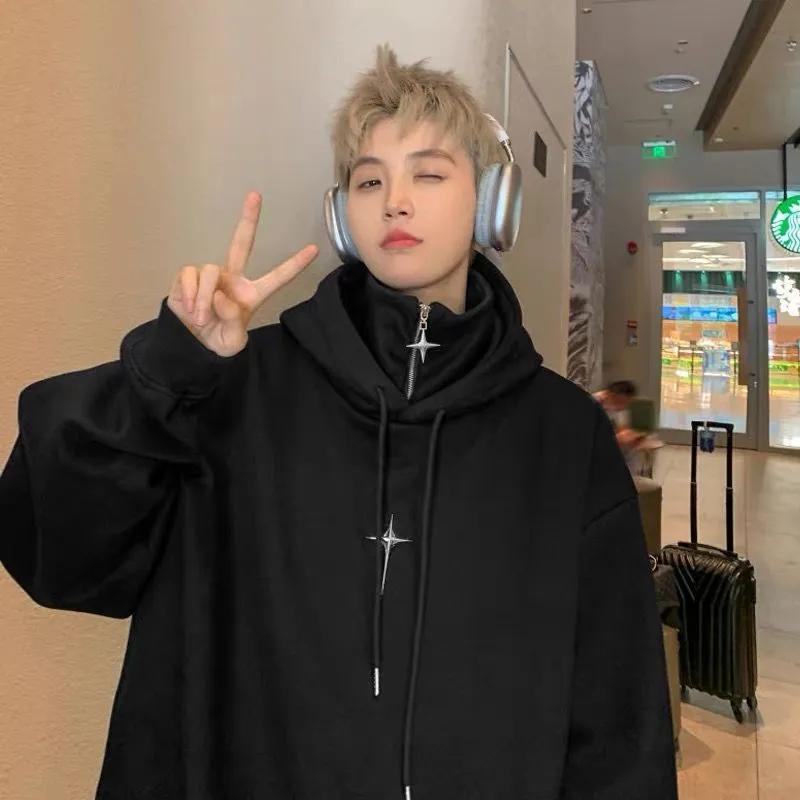 假两件连帽卫衣男款2024秋冬季高街潮牌美式复古学院风半拉链外套