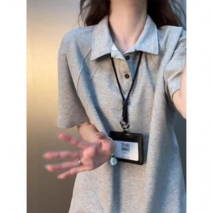 男款 polo衫 夏季 拼接翻领t恤重磅boxy版 灰色美式 型半截袖 正肩短袖