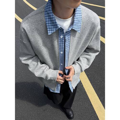 拼接开衫卫衣男假两件秋季格子慵懒美式宽松翻领cleanfit外套穿搭