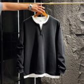 百搭休闲痞帅美式 春季 拼接撞色男时尚 T恤衫 上衣 亨利领假两件长袖