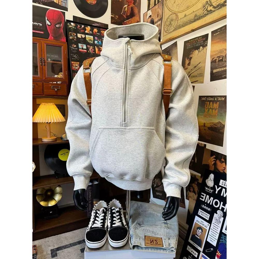 美式半拉链立领卫衣男款2025秋季新款小众解构外套重磅硬挺连帽衫