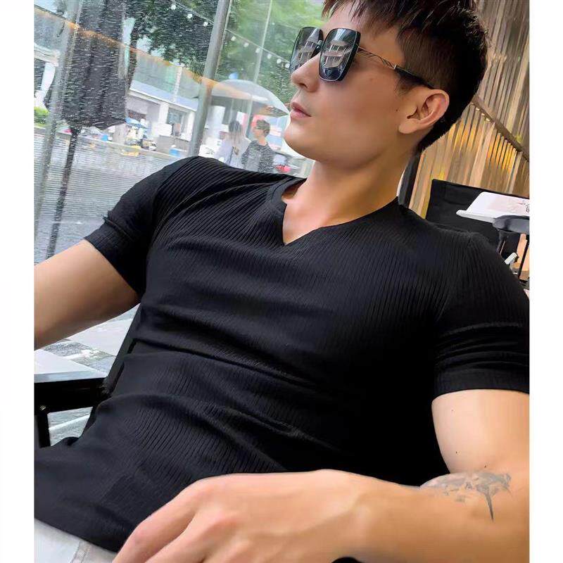 男士条纹t恤户外健身运动速干轻薄短袖轻奢T恤男v领亨利衫打底衫