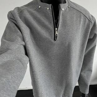 半拉链华夫格卫衣男春秋美式高街柳钉长袖T恤衫痞帅宽松休闲外套