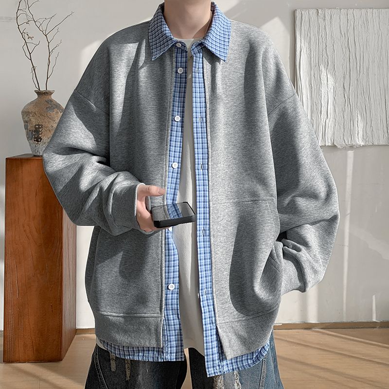 美式假两件秋开衫卫衣男高级感潮牌宽松格子拼接cleanfit翻领外套