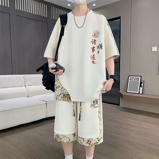 国潮风t恤男夏季潮牌套装新中式休闲运动撞色短袖短裤两件套学生