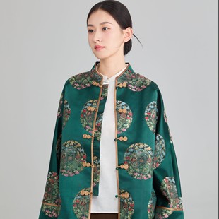 福泽妈妈绿色国风外套 复古提花对襟 立领盘扣福寿康宁款