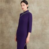 优雅旗袍款 从简长袖 复古蕾丝紫色立领 中国风素心妈妈礼服