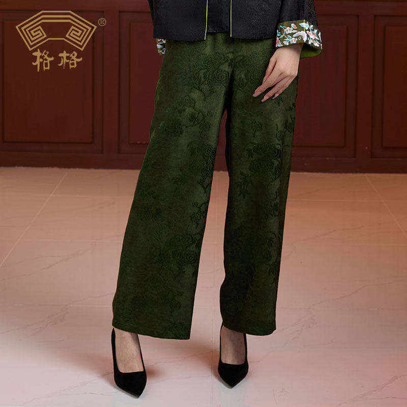 素心从简-新中式设计感十足吉祥花卉绿色阔腿裤,女装/女士精品,休闲裤,淘宝优惠券,粉丝福利购,淘宝优惠卷