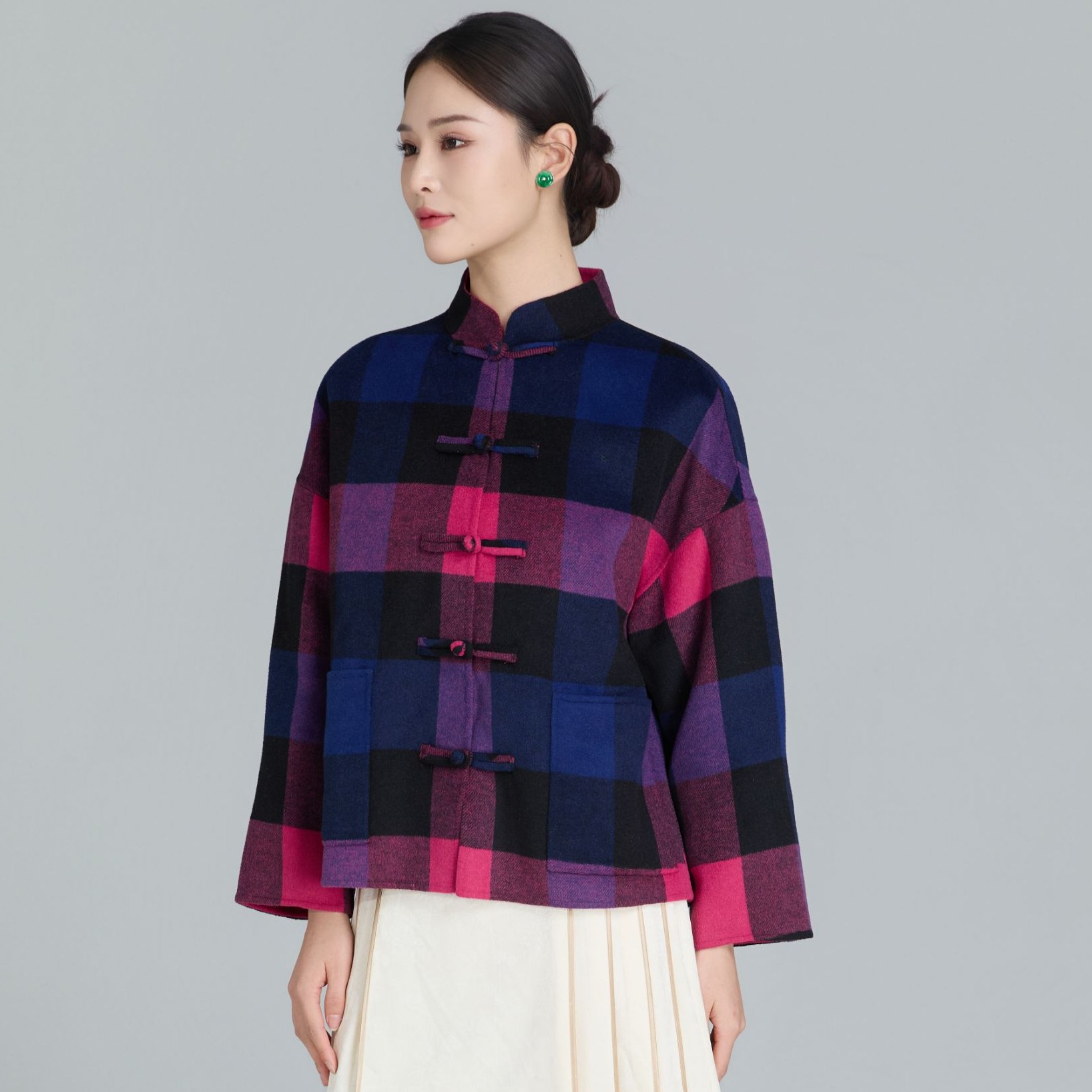 方正不格-中国风复古方格对襟毛呢上衣GA4BH021135