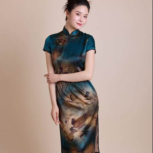 蓝绿真丝桑蚕丝仙鹤印花短旗袍