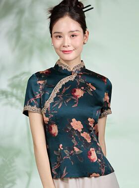 格格桑蚕丝真丝印花蕾丝边立领新中式复古深蓝色植物花卉修身上衣