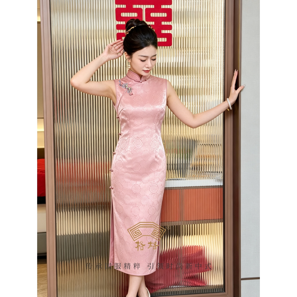 格格新中式新娘订婚礼服连衣裙新款复古粉色敬酒旗袍礼服连身裙