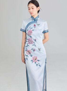 格格国风手绘真丝桑蚕丝长旗袍