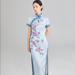 格格旗开得胜新中式中国风复古高端桑蚕丝真丝修身手绘立领长旗袍