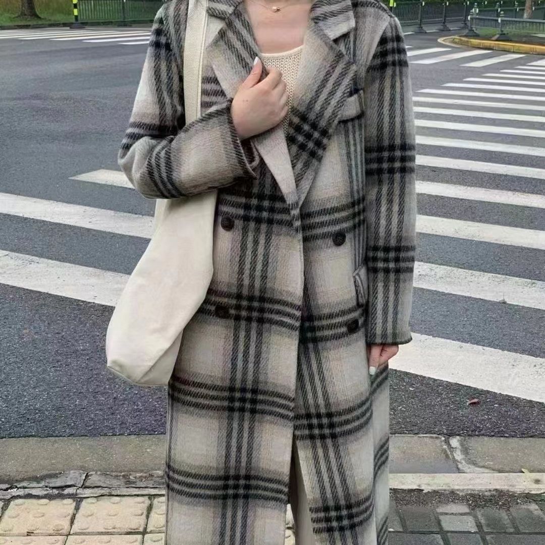 高端双面羊绒大衣女2023秋季新款复古格子韩版西装羊毛外套中长款