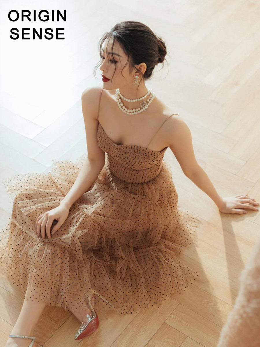 超细吊带抹胸浪漫大摆公主蛋糕裙波点卡其色网纱蕾丝仙女气质礼服