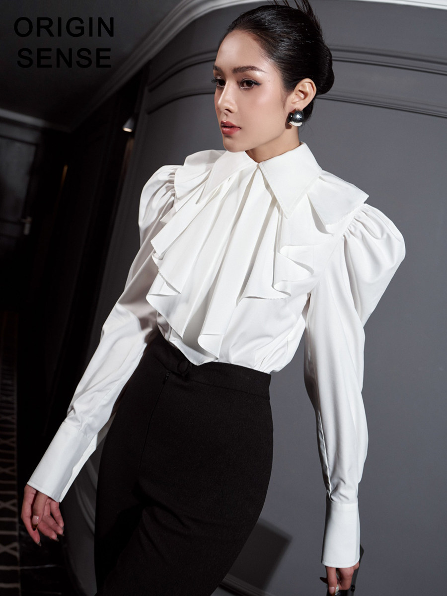 秋冬原创小众设计师风格立体蝴蝶结夸张装饰白色欧式显瘦时尚衬衣