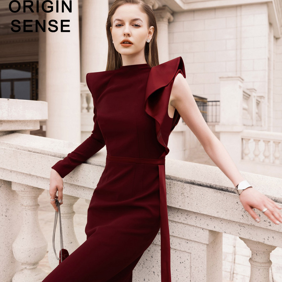 知觉新款新中式国风高级感圆领不对称小飘带缎面拼接长袖长款礼服