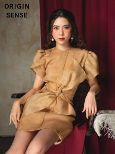 法式气质温柔风香槟金色OL通勤酒会可穿小香风立体蝴蝶结短连衣裙