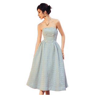 抹胸性感复古迪士尼公主在逃系列粗纺小香风粉蓝色A字大摆连衣裙