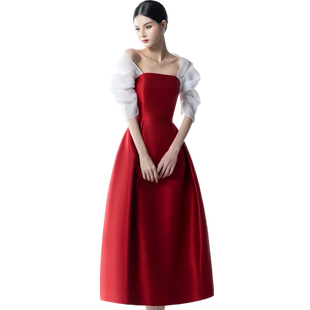 高档缎面轻奢小性感公主风大摆长裙露肩中袖可变披肩暗红色小礼服