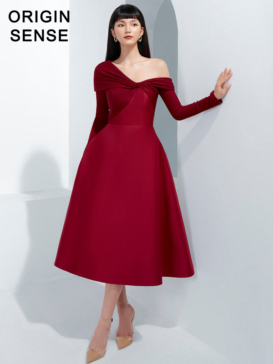个性设计师风格不对称露单肩暗红色气质高雅A字公主大摆小礼服裙