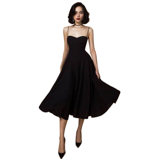 小黑裙连衣裙赫本风黑色长裙白色古着吊带裙子性感气质小礼服裙子