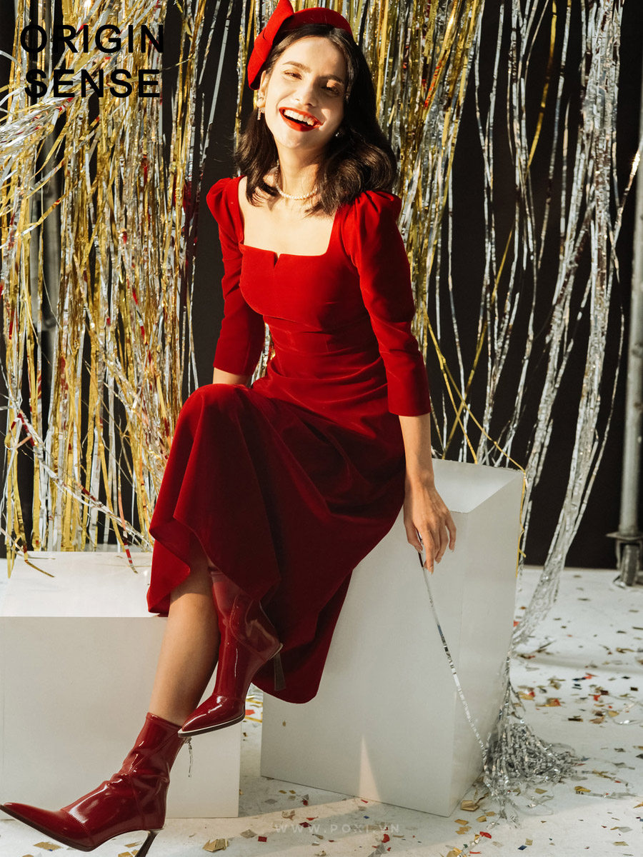 新品真丝绒红色宽领口经典款式a字长款小礼服7分袖简约长裙